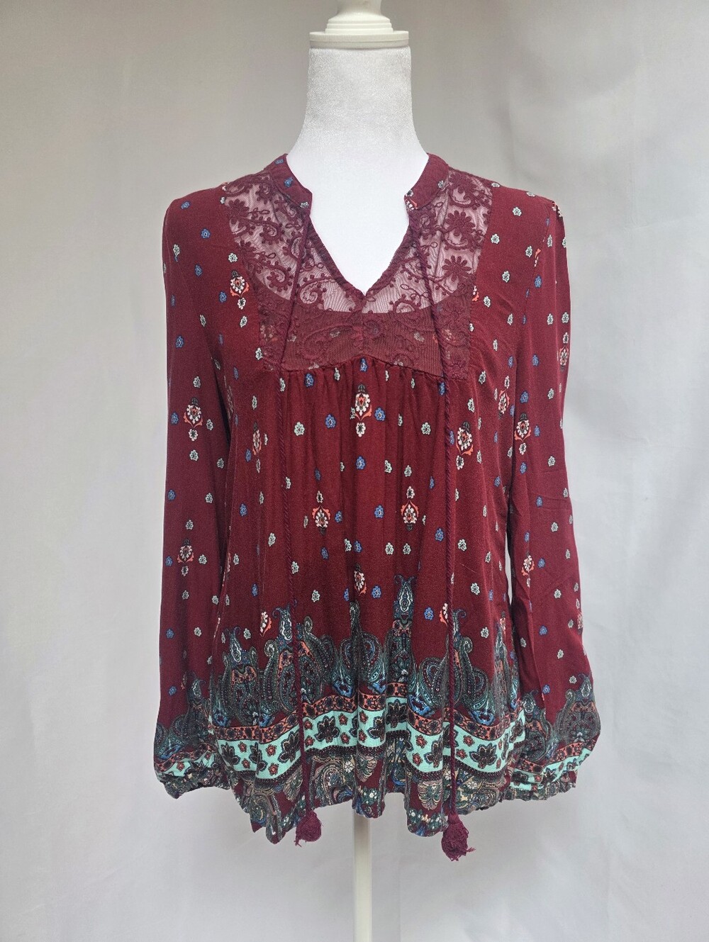 EAM Burgundy Boho Paisley Lace Peasant Blouse Top Size L